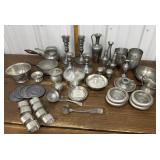 Pewter, candle sticks, vase, pitchers, bowls,