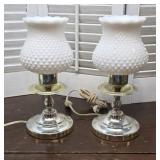 Pair milk glass hobnail lamps