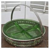 Green depression glass divided dish with carrier