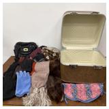 Luggage train case, scarves, gloves, & Purse