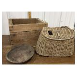 Wooden box, creel basket, wooden bowl