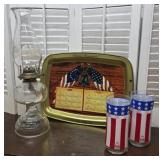 Patriotic bicentennial tray, oil lamp, Arby