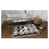 Silver Pyrex server, gravy boat, chafer king