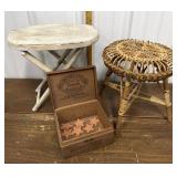 Folding stool, wicker plant stand, cigar box w/