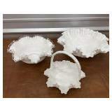 Milk glass ruffle bowls and basket
