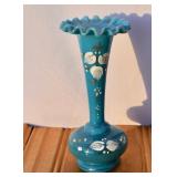 Victorian Blue Opaline Glass Ruffled Rim Vase