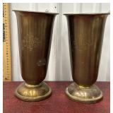 Pair brass IHS church flower vases