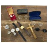 Watches, cameos, old glasses, wooden cross,