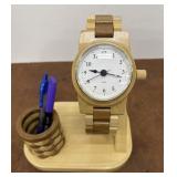 Wooden desk clock and pen holder set, crafted to