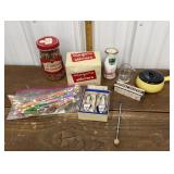 McCoy pot, Stir sticks, milk bottle, drink