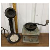 Candlestick phone, coffee grinder
