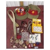Boy Scout hats, belt, bolos, slide casting kit,