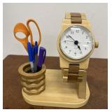Wooden desk clock and pen holder set, crafted to