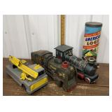 Tin train engines, plastic truck, American Logs