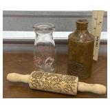 Stoneware bottle, milk bottle and pastry rolling