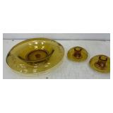 Vintage Amber Etched Glass Bowl And Two Matching