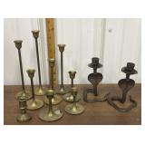 Brass candlesticks, bronze? Painted cobra