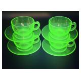 Set 4 Vaseline green glass cups and saucers