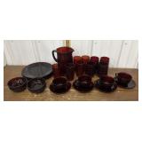 Red glass, plates, pitcher, glasses, cups,