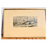 Antique Artist Signed Framed Etching horses