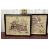 2 Cross Stitch/needle Point Art Barn And Covered
