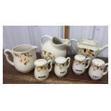 Hall Pottery pitchers, teapot, salt & pepper