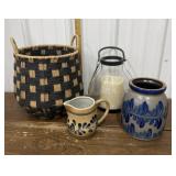 Basket, flameless lantern, crock, pitcher, bowl