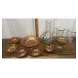 Carnival glass bowls, candle holder, painted