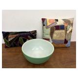 Green Pyrex bowl and 2 antique quilt pillows (one