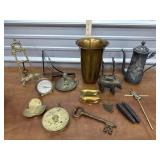 Brass and mixed metals, urn, pitcher, stand, baby