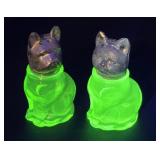 Vintage Uranium Glass Cat / Dog Salt & Peppers