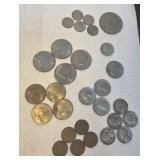 Sacagawea dollar,  half dollars, wheat pennies,
