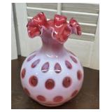 Fenton Cranberry Opalescent Coin Dot vase