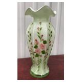 Cased glass milk and green glass ruffle vase hand