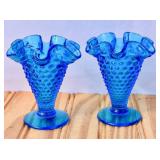 Pair of Fenton Turquoise Hobnail Small Fluted