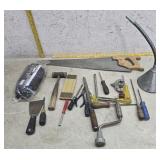 Screw drivers, saw, gloves, etc