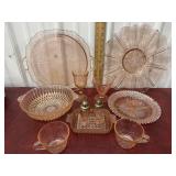 Pink depression glass trays, salt and pepper