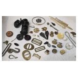 Vintage glass buttons, buckles, needlework tools,