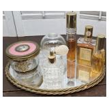 Mirrored perfume tray, perfumes & powder jars
