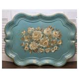 Tole Tray Aqua Blue Hand Painted Scalloped Edge