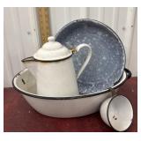 Enamel wash basin, coffee pot