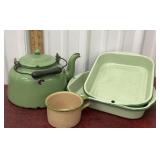 Enamel tea pot, cup and pans