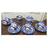 Blue Willow creamer, sugar, demitasse cups and