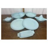 Melmac blue plates, bowls, butter dish etc
