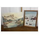 2 Paintings- mountains, winter scene, 1 framed