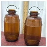 2 Duraglas Amber barrel jars with bale handles