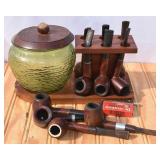Pipes & Pipe Holder with Glass Tobacco Jar
