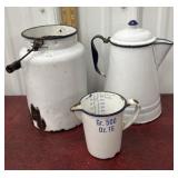 Enamel coffee pot, pitcher and milk can