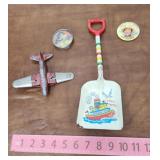 Toys - Hubley plane, tin shovel, mirrors etc