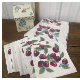 Vintage tablecloth, napkins, tin- strawberries